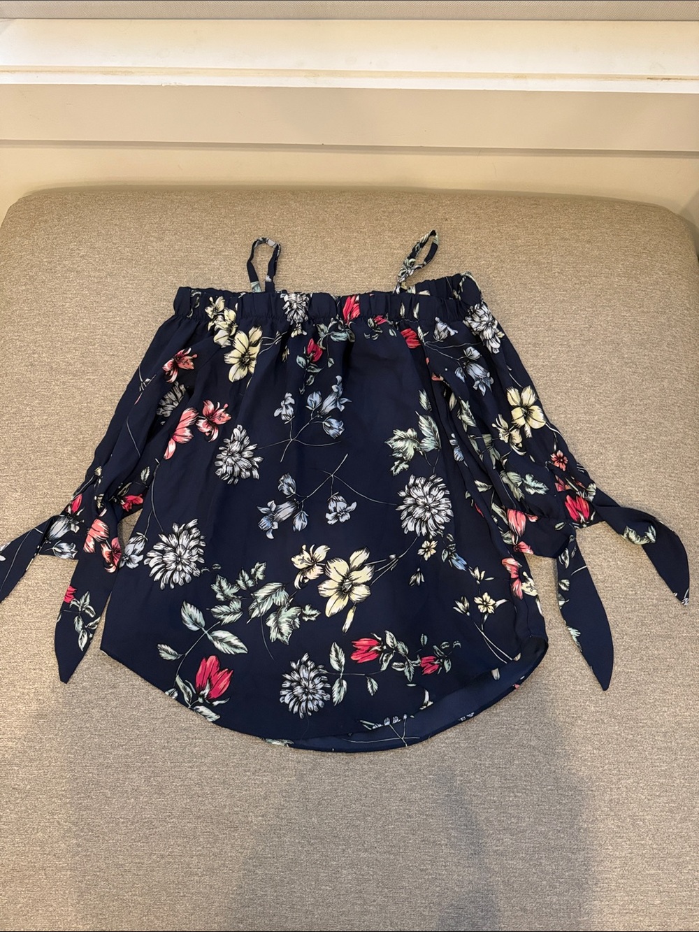 BCX Navy Floral Tie-Detail Off-Shoulder Top